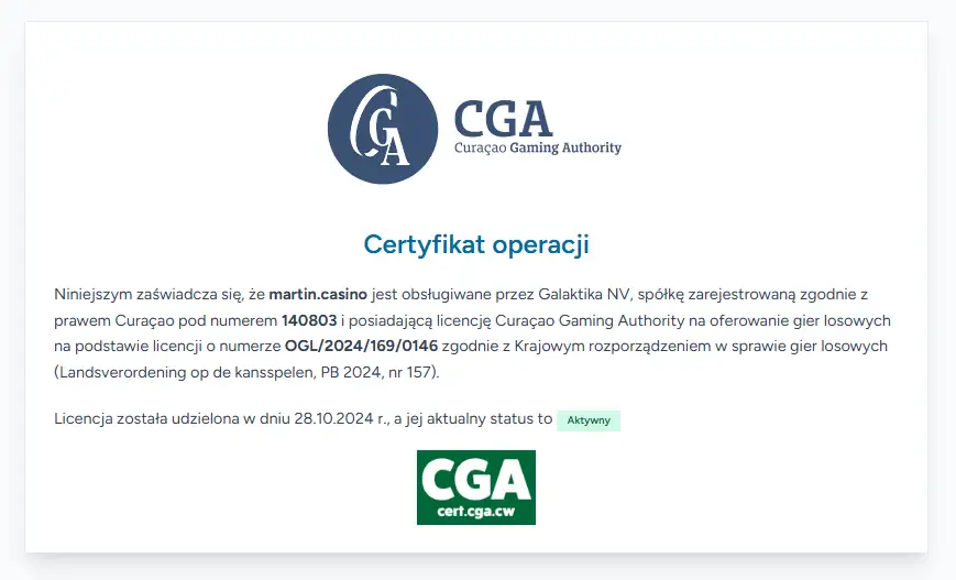 Certyfikat Curaçao Gaming Authority dla martin.casino i GALAKTIKA N.V.