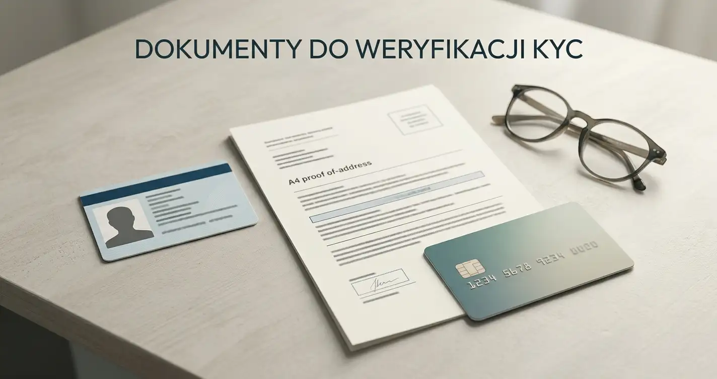 Neutralna ilustracja dokumentów KYC, adresu i metody płatności bez danych osobowych