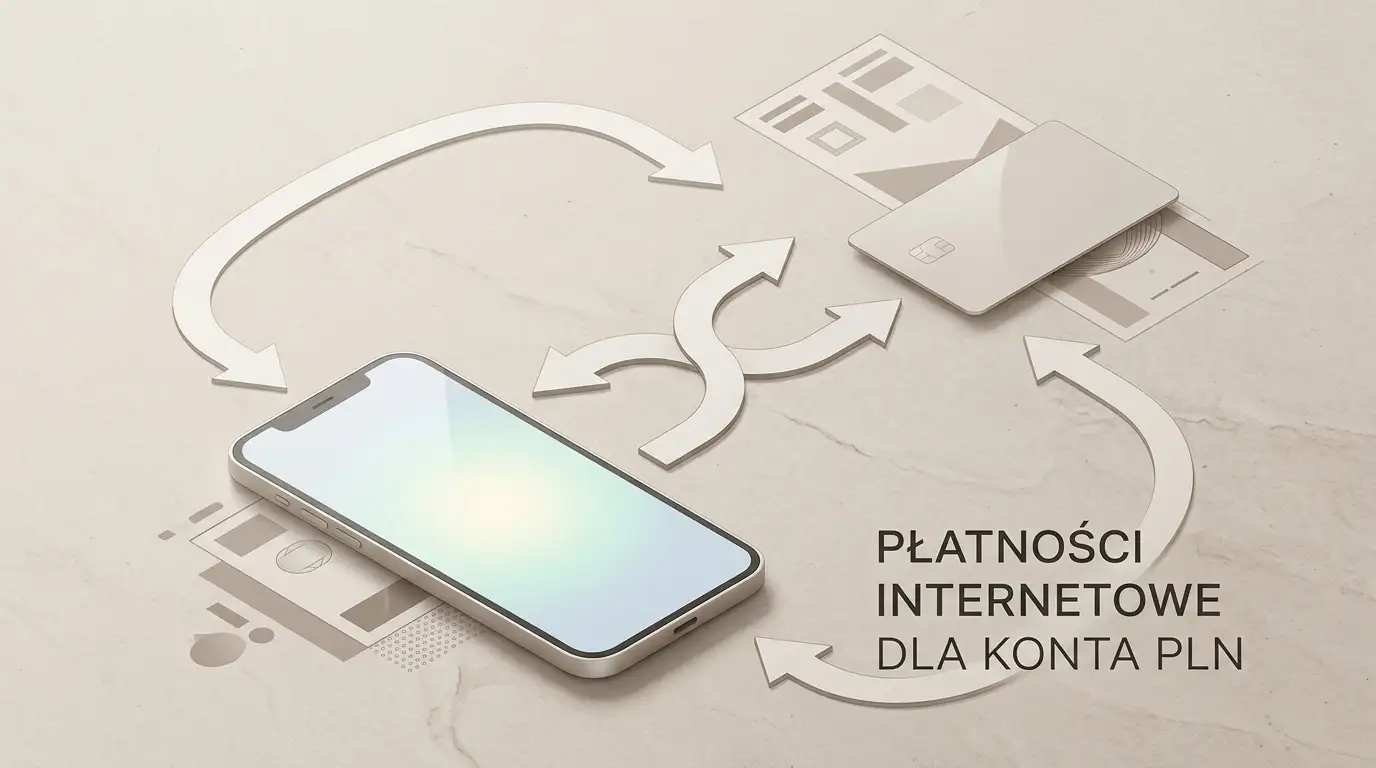 Neutralna ilustracja płatności w PLN z telefonem, kartą i przelewem