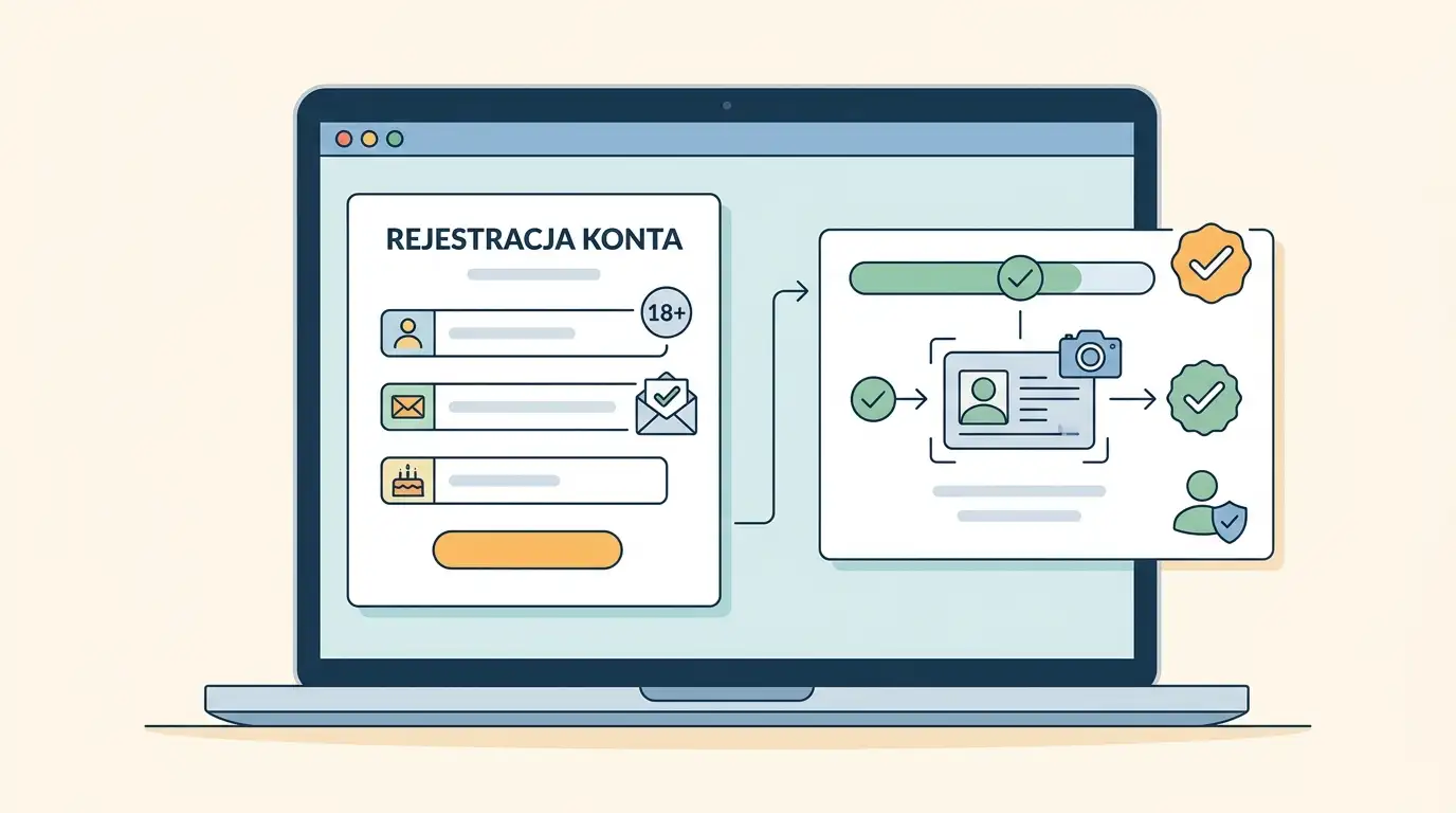 Neutralna ilustracja zakładania konta z formularzem danych, oznaczeniem 18 plus i e-mailem