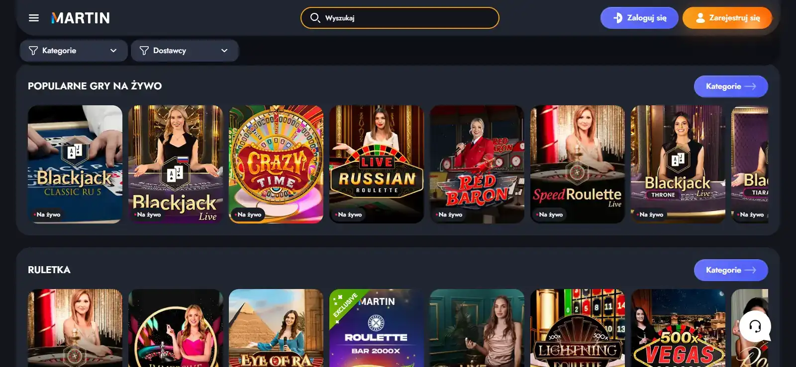 Sekcja Live Casino MARTIN z kategoriami gier na żywo